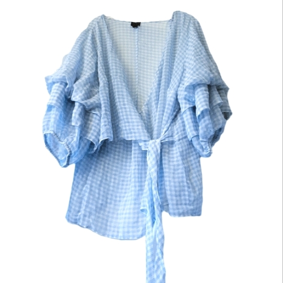 Worthington Swiss Blue and White Gingham Sheer Poet Sleeve Wrap Blouse - Picture 3 of 5
